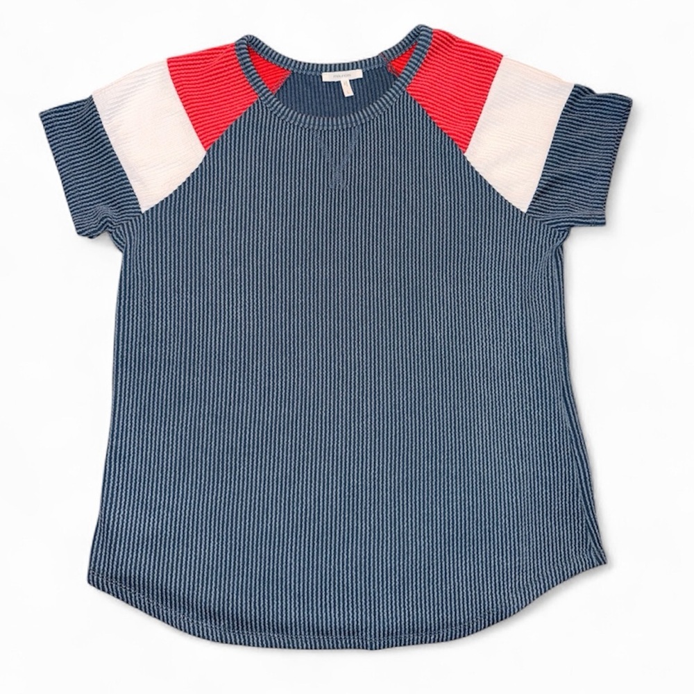 Maurices Colorblock Ribbed Knit Tee – Blue, Red & White | Size L